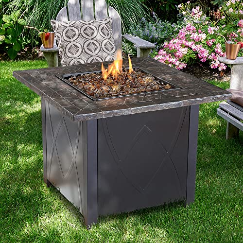 Endless Summer 30 Inch Square 30,000 Btu Lp Gas Outdoor Propane Gas Lava Rock Patio Fire Pit Table With Slate Tile Mantel, Brown #TOP1