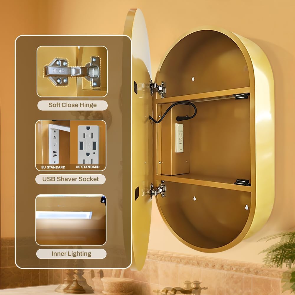 Capsule Shape Medicine Cabinet with Light,LED Mirror Cabinet,USB Shaver Socket,Internal Light,Steel with Powder Coating,Soft Closing Hinge,16×28inch,Gold