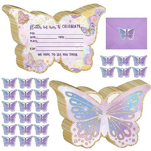 Hotop 24 Sets Butterfly Birthday Invitations with Envelopes and Stickers FOR GIRLS Party Invitations for Kids Birthday Baby Shower Party