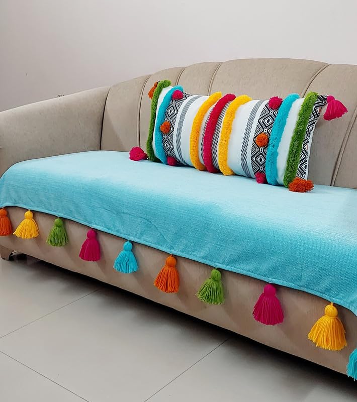 Image of Blue Sofa Cover Multicoloured Tassels: Sectional Sofacover: Thick Fabric, Seat & Front Back Protection -Set of 2 Seat Covers & Single Back Cover- L Shape Sectional (3 Seater + 2 Seater Lounger)