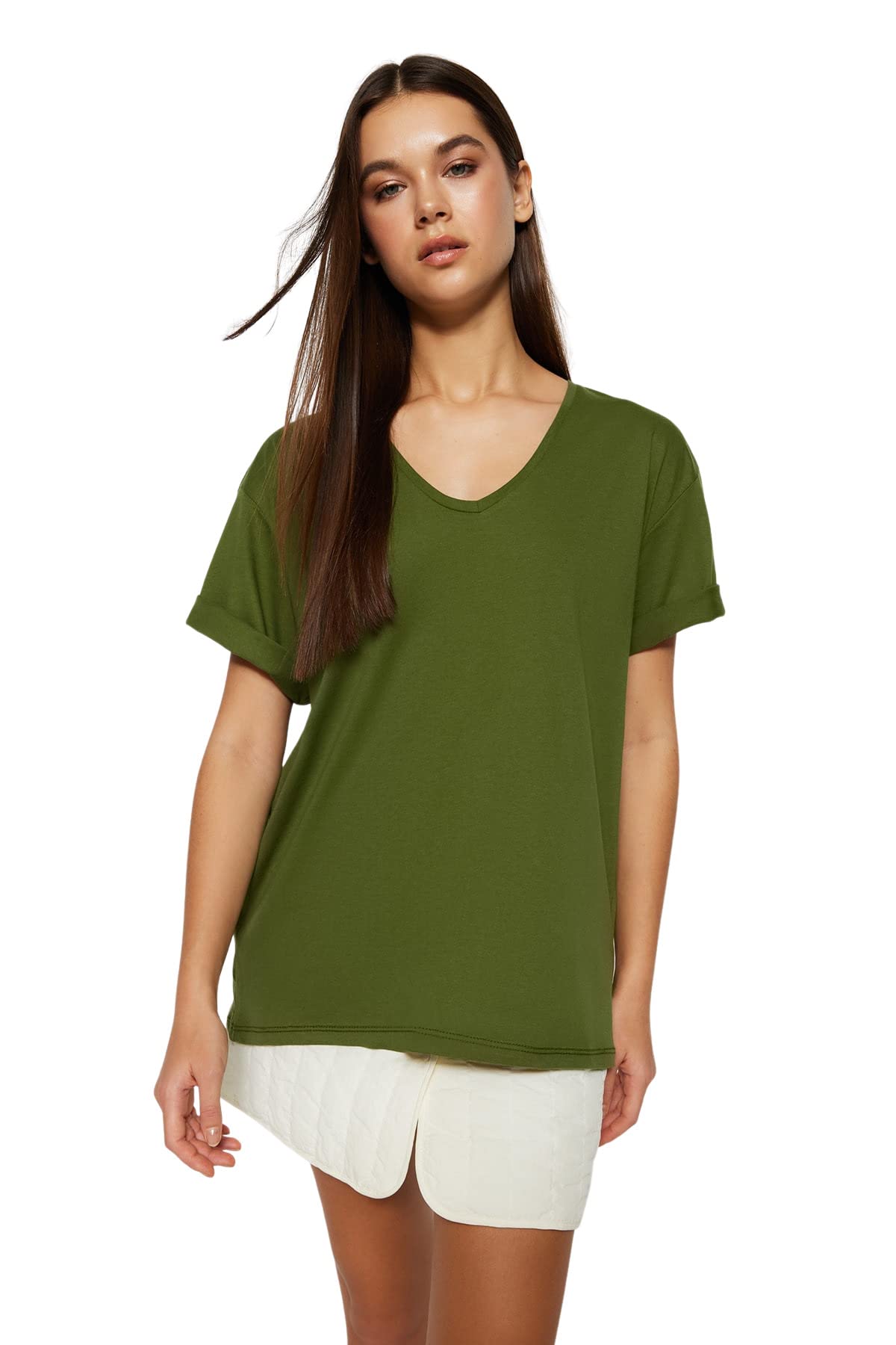 Trendyol Woman Boyfriend Basic V Neck Knit T-Shirt,Khaki,M