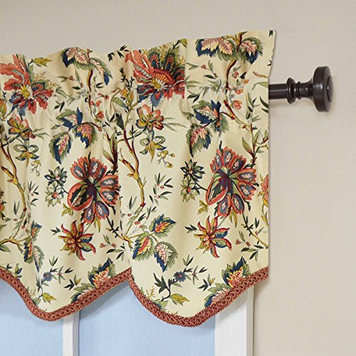 Waverly Felicite Floral Pattern With Grimp Trim Window Valance Curtains, 50" X 15", Creme #TOP1