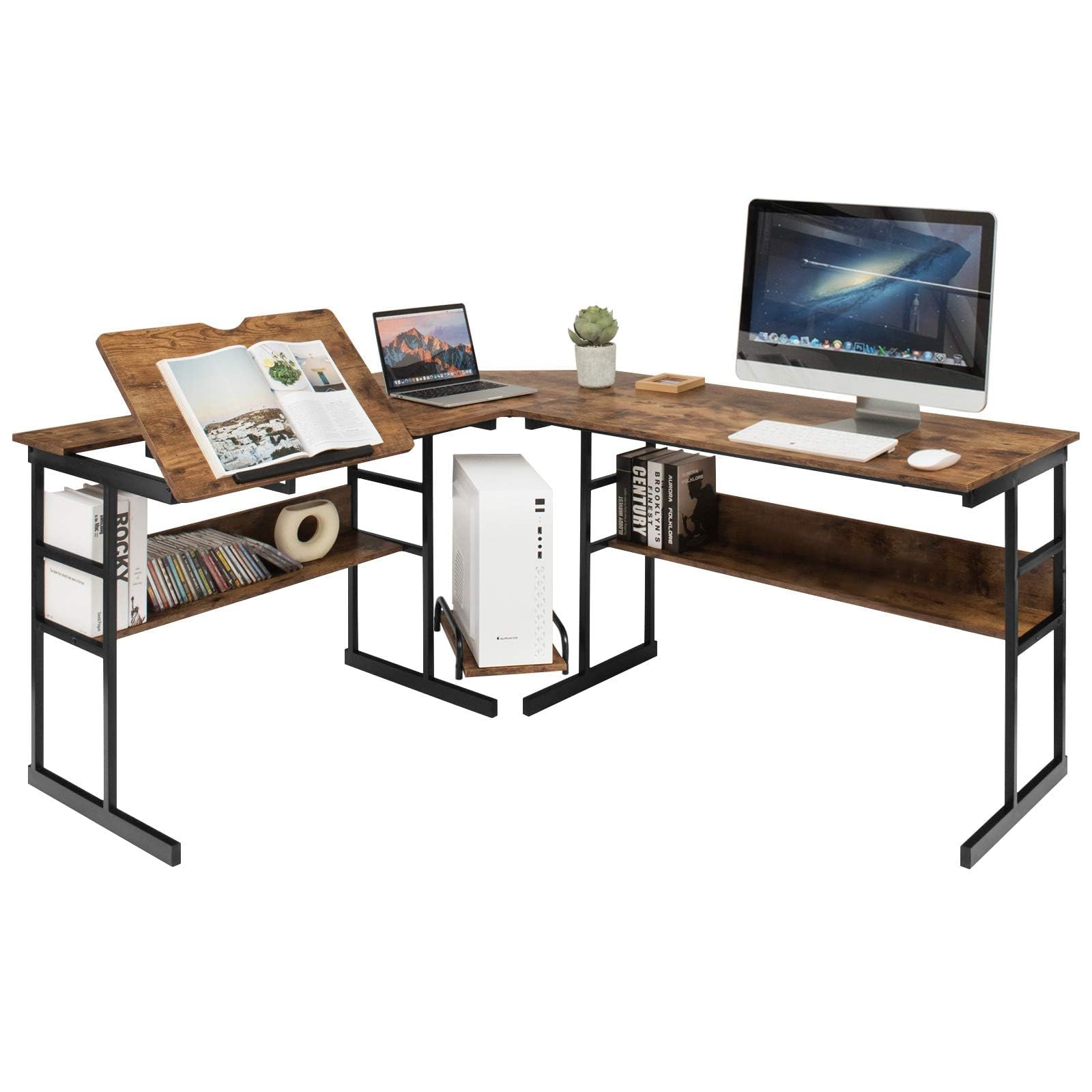 COSTWAY L-förmiger Schreibtisch, Eckschreibtisch aus Holz mit neigbarer Tischplatte, 2 Ablagen & CPU-Ständer, Computertisch für Zuhause & Büro, 170 x 150 x 75 cm (Braun)