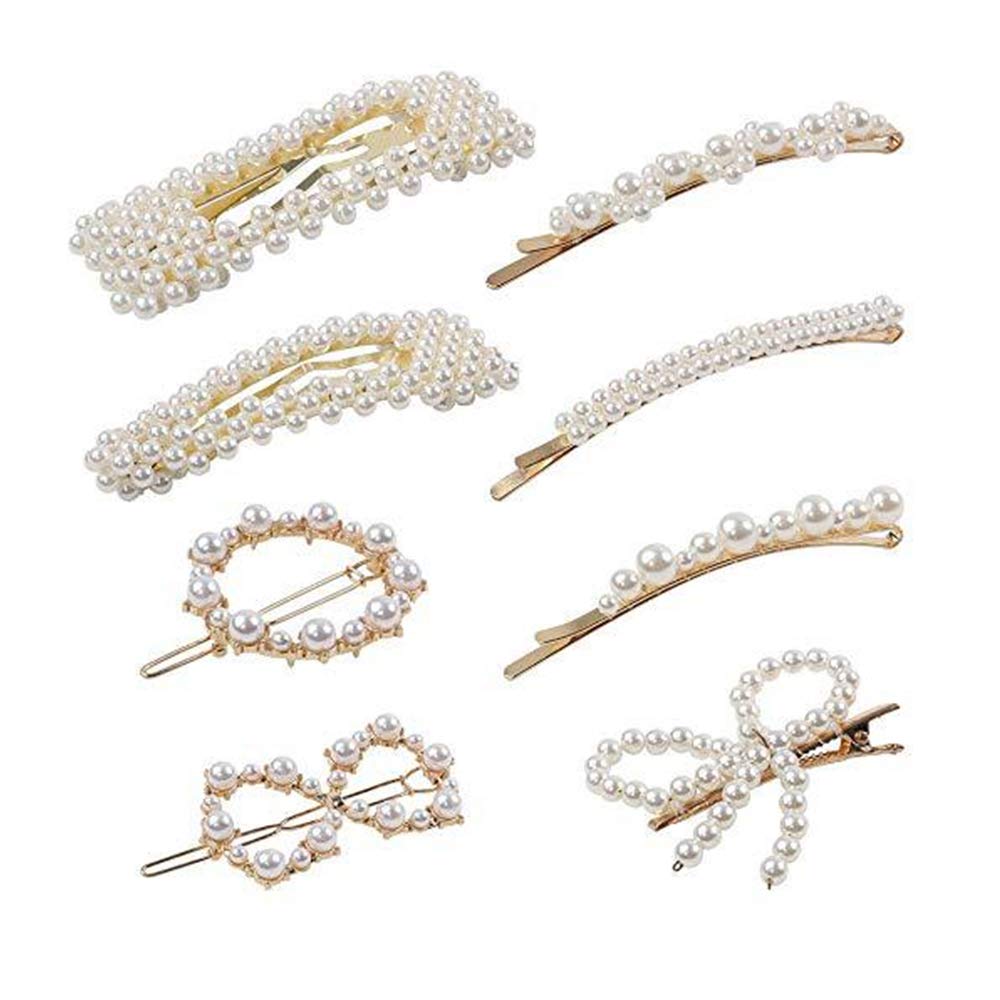 Women Girls Elegant Full Pearls Geometric Hair Clips Sweet Hair Ornament Hairpin Barrette Headband Hair Accessories (style 5-8pcs)