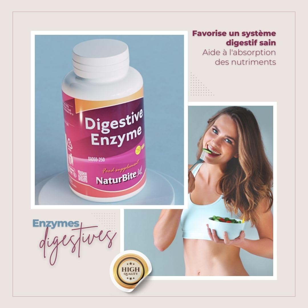 Naturbite Enzymes Digestives, 250 comprimés. Améliorez Votre Processus Digestif en Facilitant la Décomposition et L'absorption des Nutriments Contenus dans les Aliments.