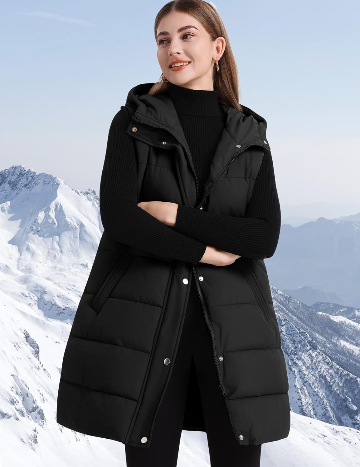 Flygo Long Puffer Vest Women Hooded Sleeveless Winter Jacket Button Zip Up Quilted Vest Padded Outerwear - Image 3