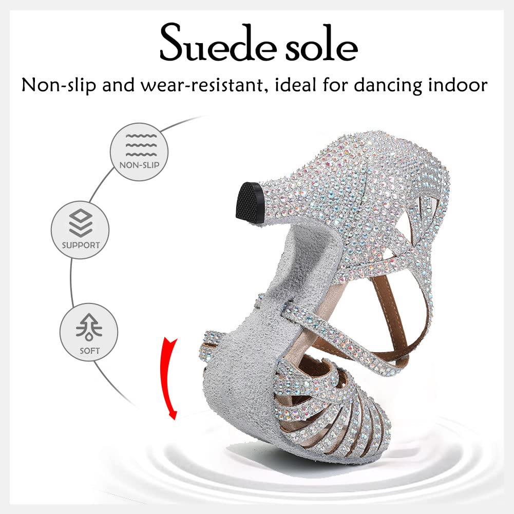 HIPPOSEUS Scarpe da Ballo Latino Argento Salsa con Strass Donna Scarpe da Ballo da Sala Bachata Danza al Coperto Tacco 6 cm L380,36 EU
