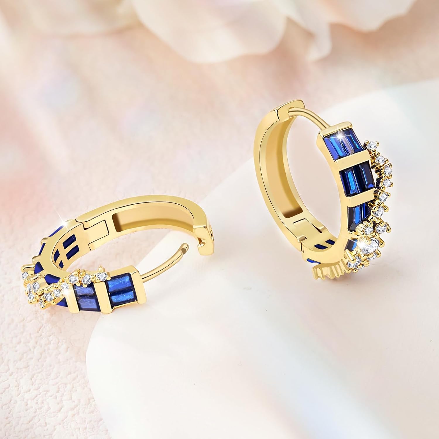 Richapex Sapphire Earrings for women, 18K Gold Plated Crystal Flower Earrings | Small Hoop Earring |Gold Earring for Women - Image 4