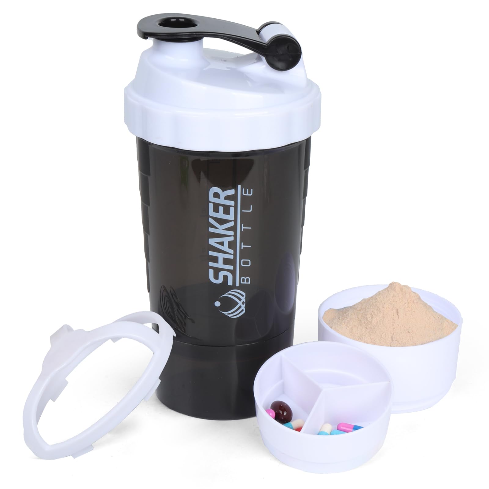 XTK Shaker Bottle Protein Shaker Bottles with Storage and Mix Ball, 16OZ Sports Water Bottle with Pill Organizer,Leak Proof Portable Shaker Cup for