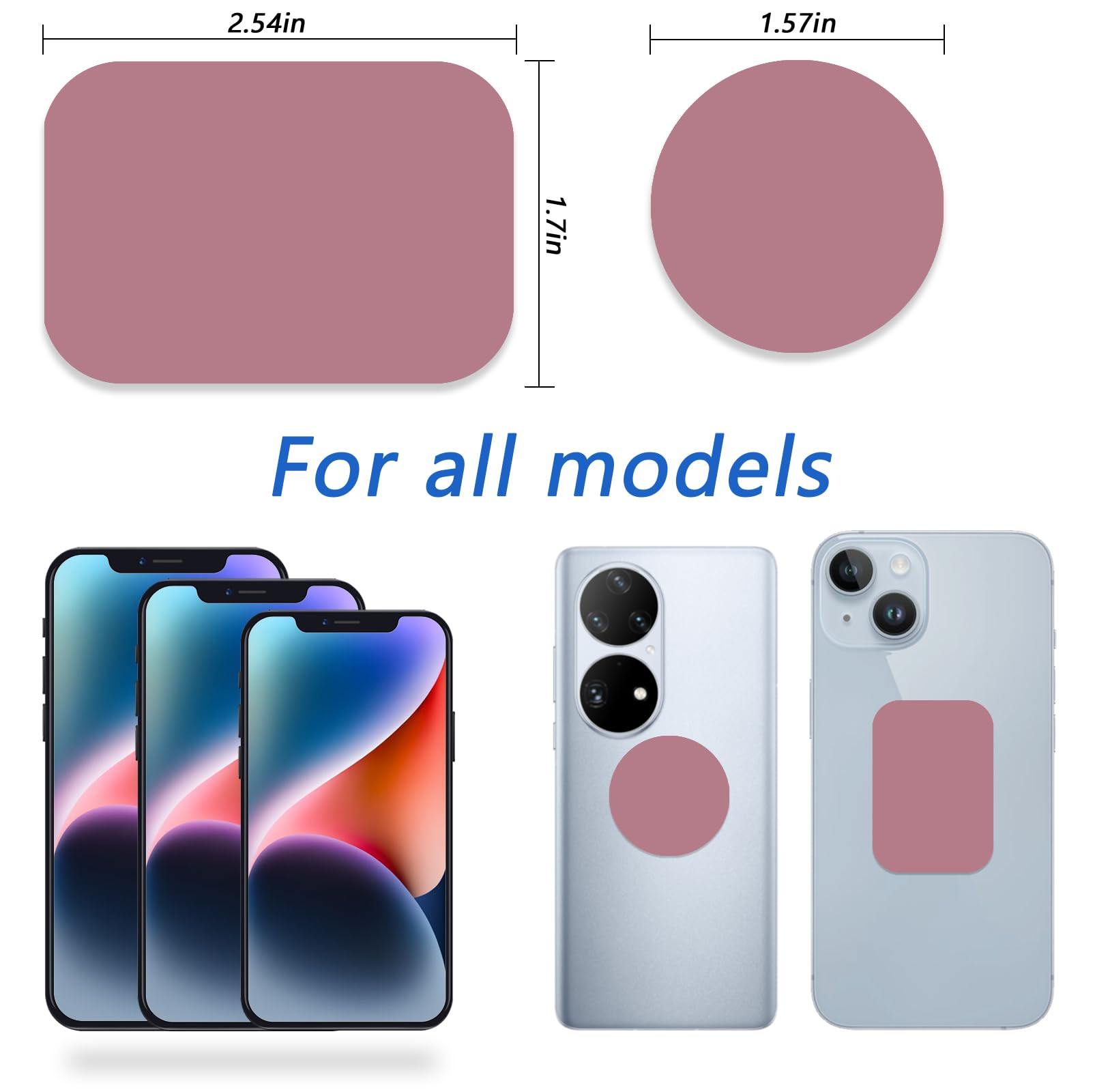 Phone Magnets for Back of Phone, Universal Metal Plates, 2 Rectangular and 2 Round with Adhesive, car Phone Magnets (Pink)