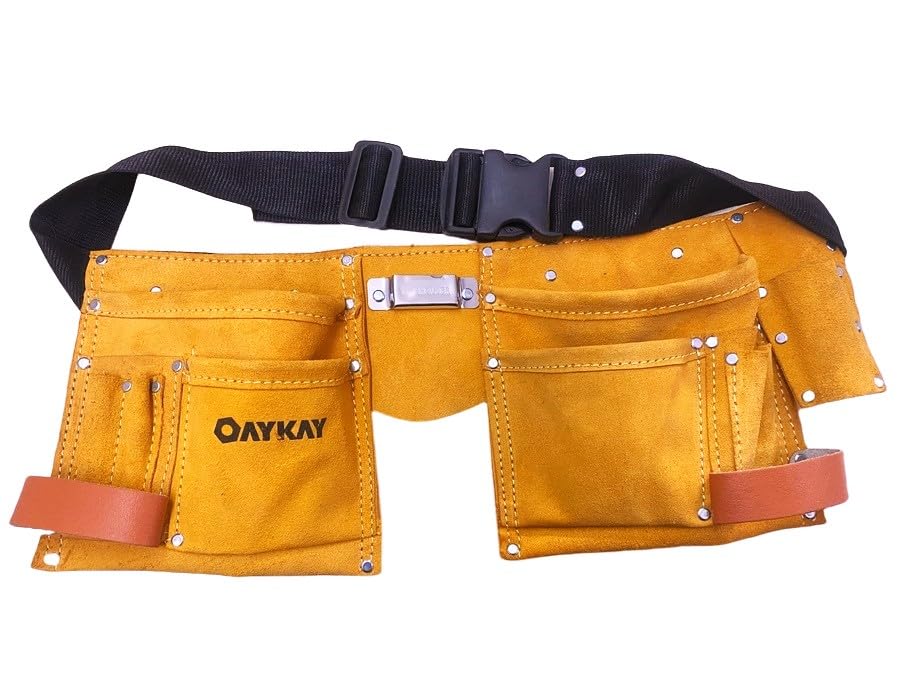 Oaykay 11 Pocket Yellow Leather Tool Belt with Double Hammer Holder and Single Tape Holder with Quick Release Buckle (Size 18.5 * 8 inch)-image-12