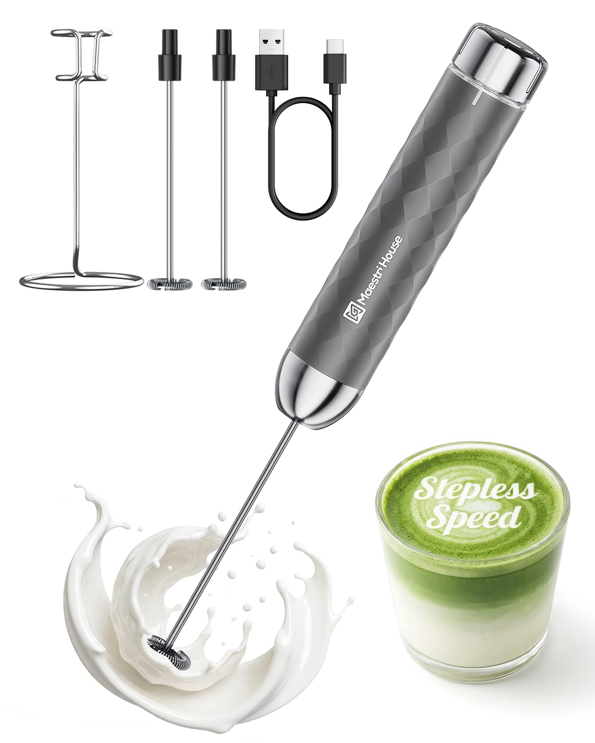 Maestri House Milk Frother with Stepless Speed ββControl, Rechargeable Frother with Detachable Whisks and Stainless Steel Stand, Drink Mixer for Matcha, Latte, Cappuccino, LunaFro 2.0(Grey)