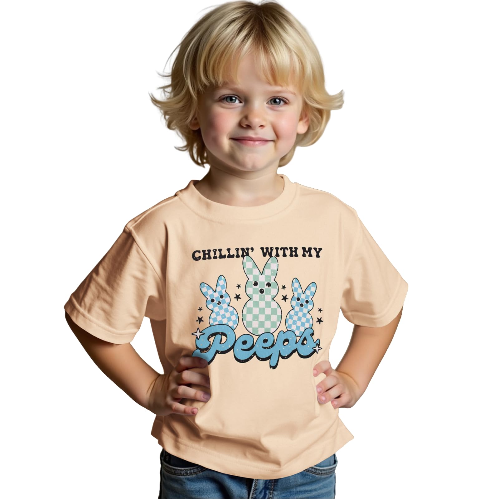 CM C&M WODRO Toddler Baby Boy Chillin' with My Peeps T-Shirt Kid Funny Easter Checkered Bunny Print Tees Short Sleeve Shirt