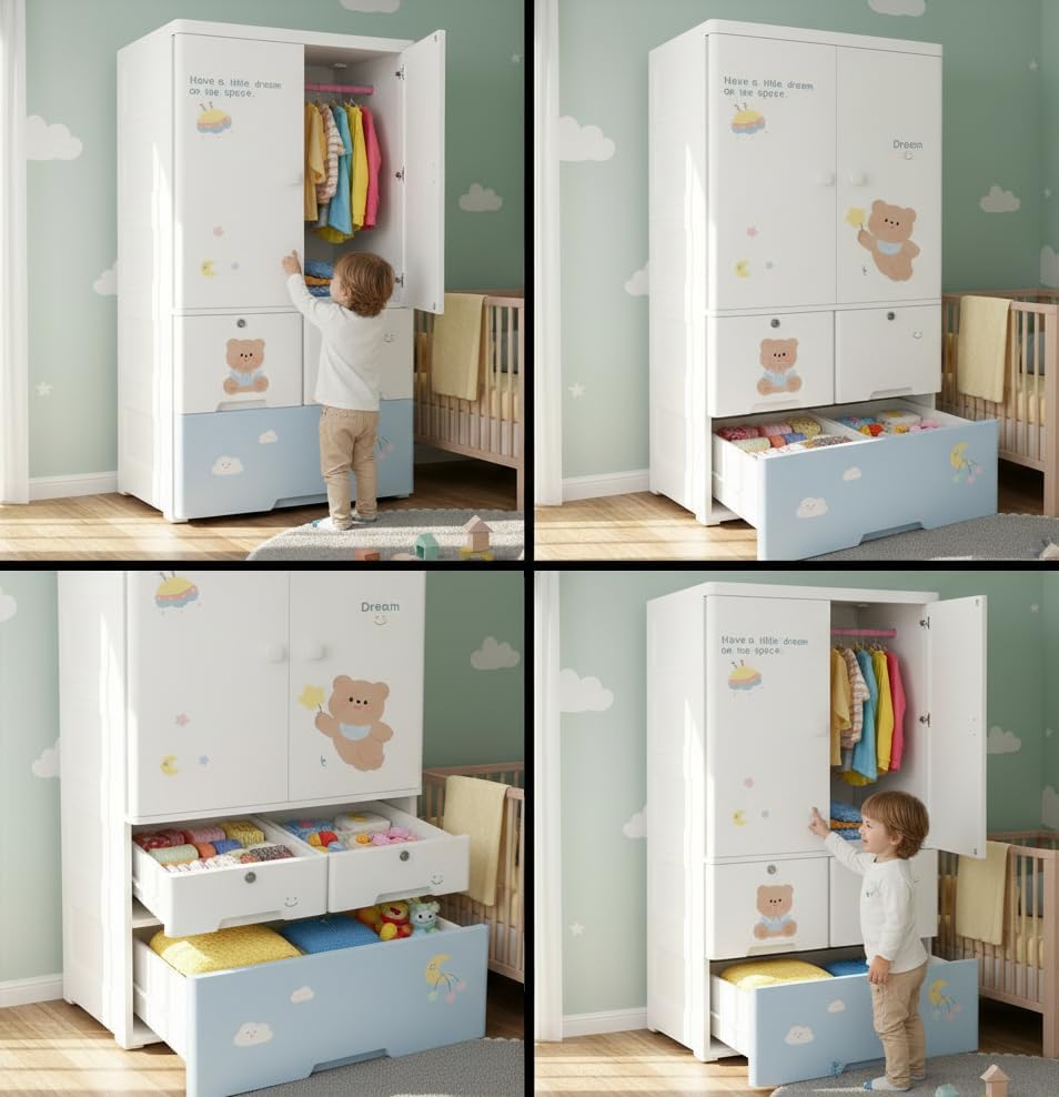 Image of Strassis Design Plastic Wardrobe for Kids| Almirah and Wardrobe for Baby Clothes| Modular Storage Cabinet with Wheel Organizer for Cupboard Rack for Clothes /Shoes /Books /Toy (Bear)