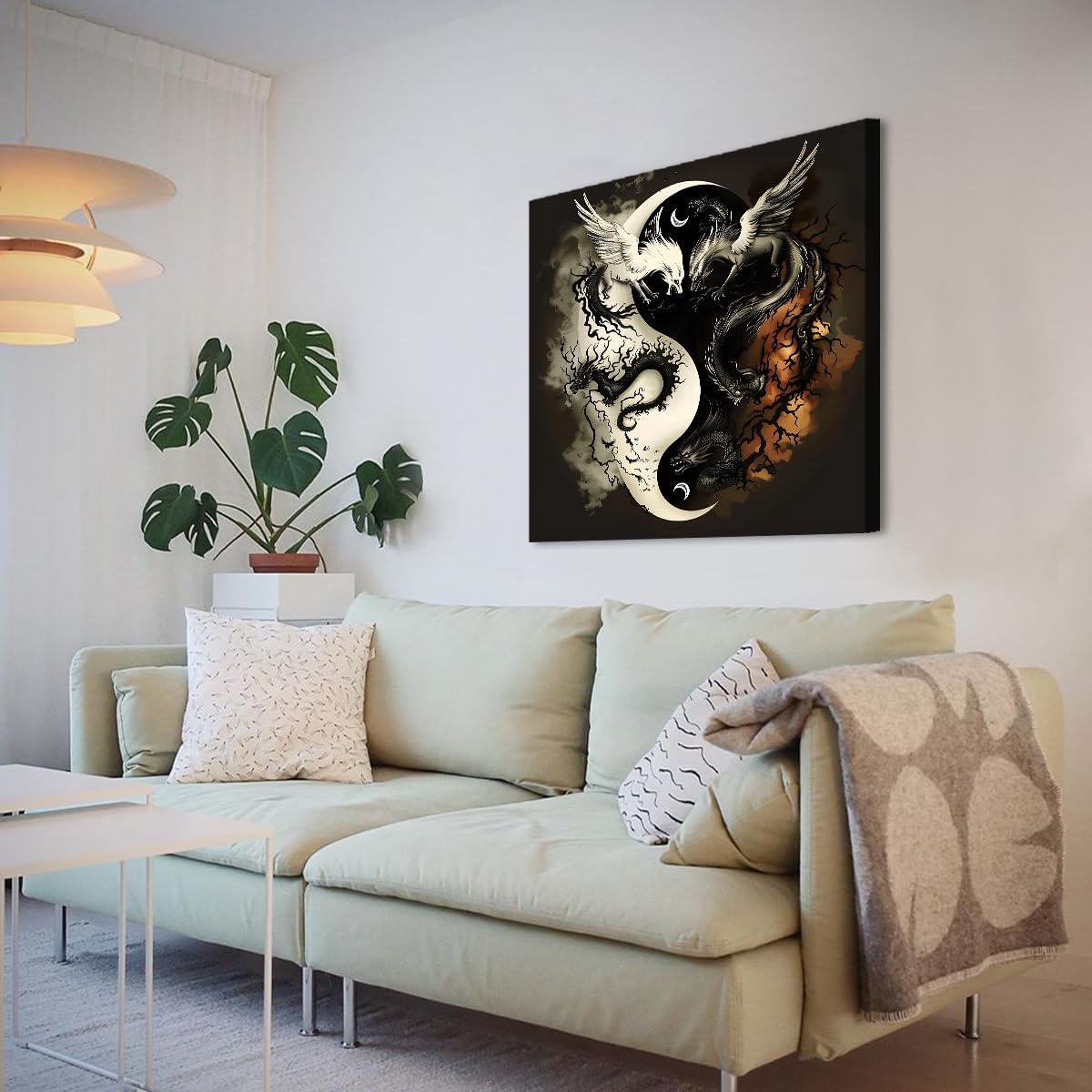 Via Vela Yin Yang Dragon Toile Art Mural Mystique Noir Blanc Affiche Oeuvre D’animaux Impressions Art Oriental Animaux Mythiques Pour Salon Décoration Intérieure 40x40cm Cadre Intérieur