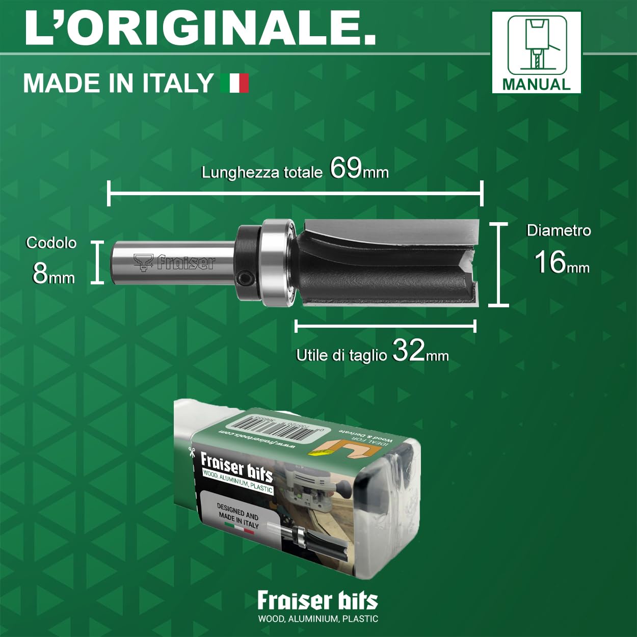 Fraiser - Fresa a copiare con cuscinetto per legno, diametro 16 mm, gambo 8 mm, per fresatrice verticale e rifilatore