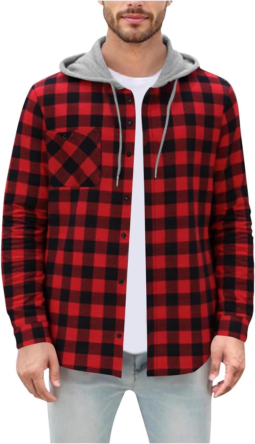 Hooded Jacket for Men, Long Sleeve Button Down Plaid Casual Top