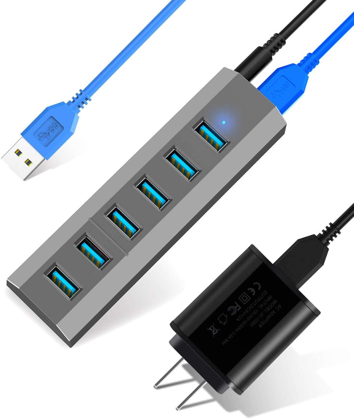 USB Hub, Aiibe 6 Ports Super High Speed USB 3.0 Hub Splitter + 10W Power Adapter + USB 3.0 Cable, Black Smart Fast Charger Powered USB Hub for Laptop, Mac, PC, Mobile HDD, Mulitple Devices
