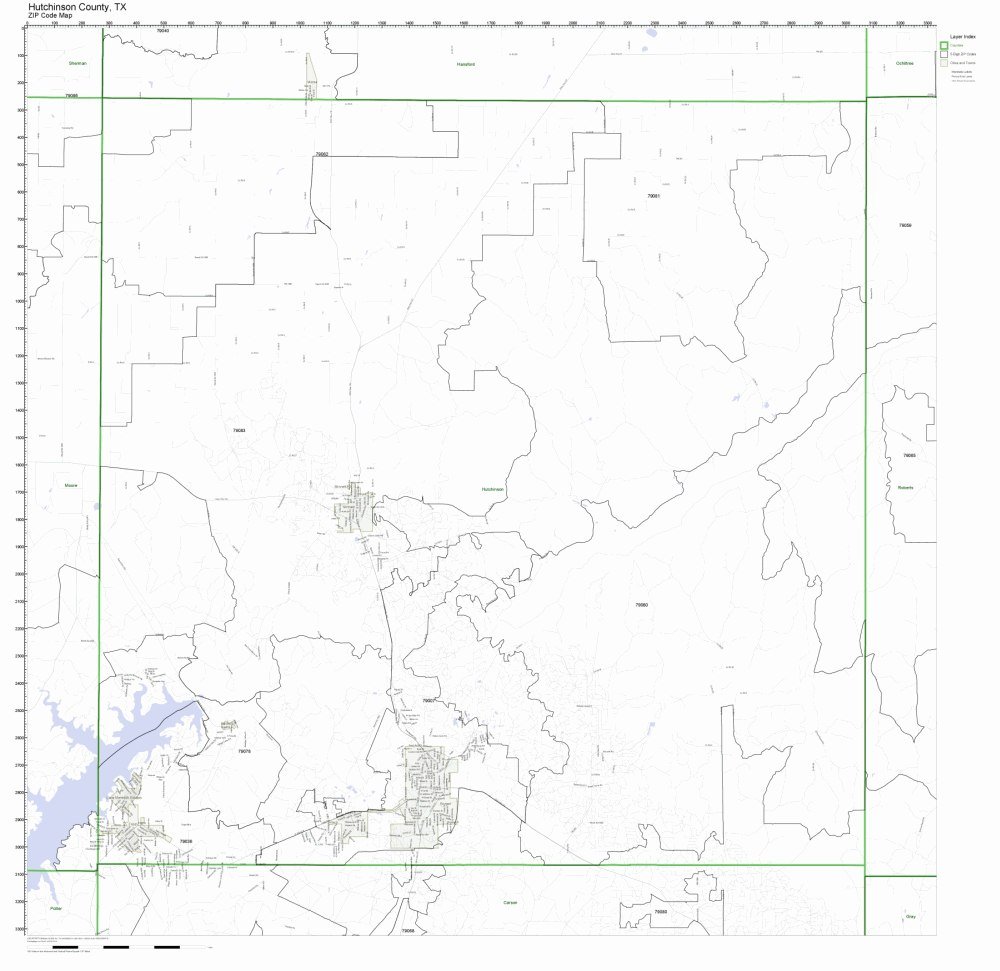 Hutchinson County, Texas TX ZIP Code Map Not Laminated