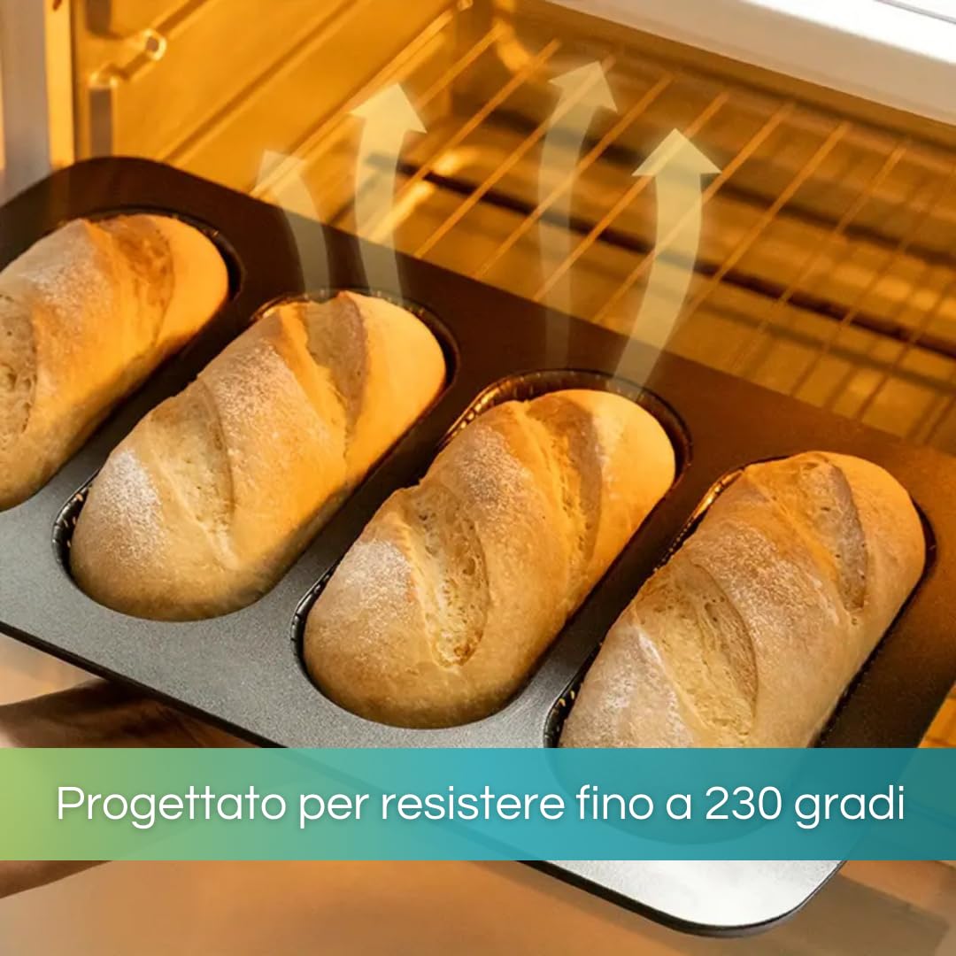 PALUPLUS Stampo per Pane, Misura 34,6x21,5 cm, Teglia da Forno in Acciaio al Carbonio Antiaderente, 4 Forme Forate da 7x17 cm per Mini Baguettes, Resistente fino a 230° -3995F