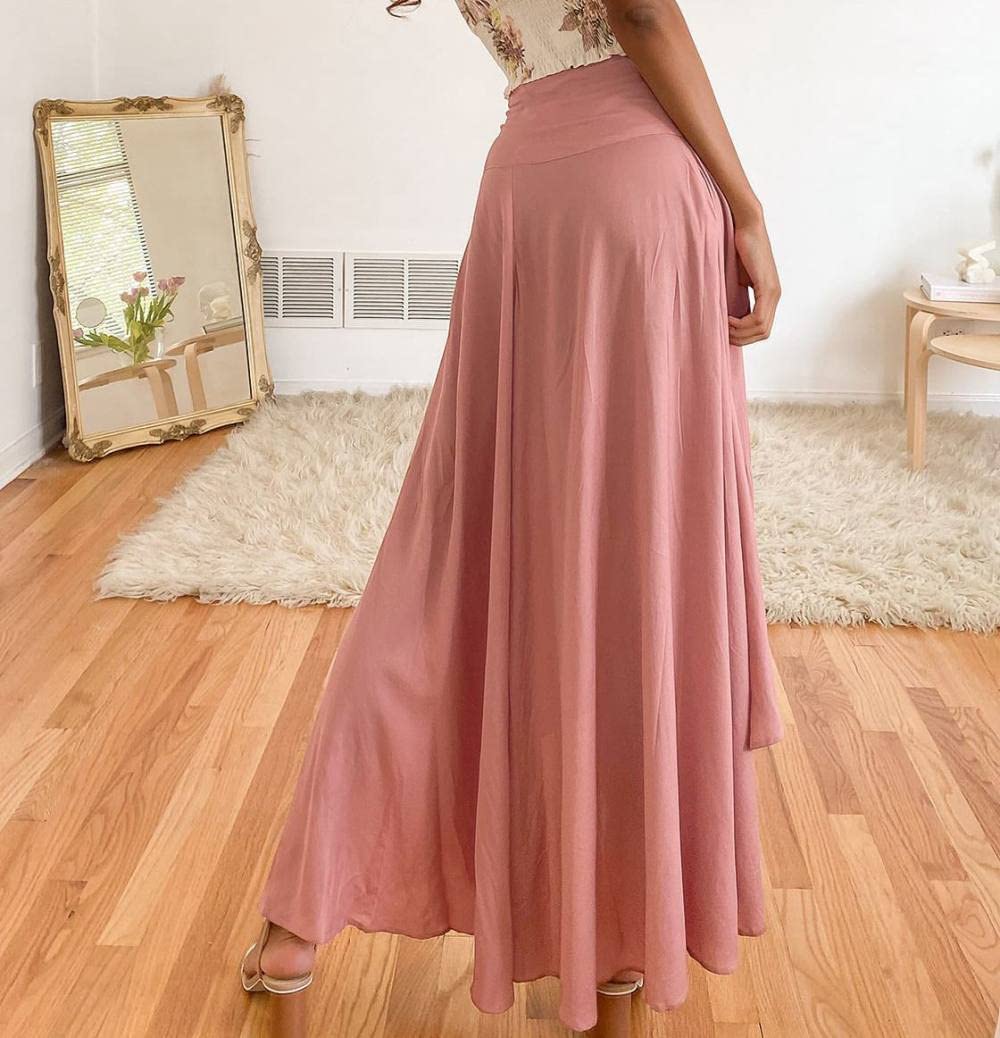 Gonne A Ruota,Gonna Lunga da Donna Rosa Gonna Temperamento A Vita Alta con Spacco Irregolare A-Line Increspato con Volant Eleganti Gonne Lunghe per Ragazze Signore,XL