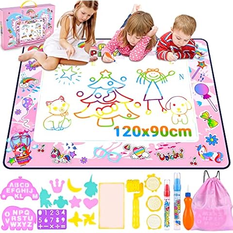 Nabance Water Doodle Mat, 120 X 90 CM Kids Multicolor Aqua Magic Doodle Mat, Reusable Large Water Drawing Mat with Magic Pens, Stamps, Stencils, Storage Bag, No Mess Painting, Girls Painting Toys Cover