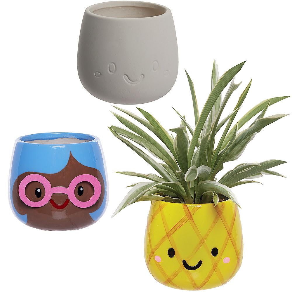 Baker Ross WA155 Grass Head Ceramic Flowerpots - Pack of 3, Ceramic Pots for Decorating and Growing Plants