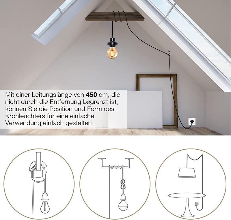 Crzpchas Vintage Függőlámpa Szett Kapcsolóval, 2db Fekete E27 Foglalat 450cm Kábellel, Ipari Stílusú Mennyezeti Lámpa DIY Konyha Pince