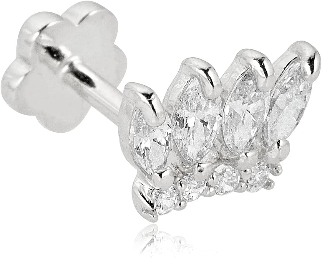 AVORA 14K Gold Simulated Diamond CZ Crown Cartilage Piercing Flat Back Earring Body Jewelry (18 Gauge)