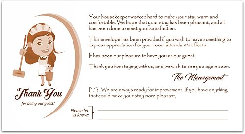 Sobres de agradecimiento para hotel y motel. Los sobres de gratitud para limpieza miden 3-12 x 6-12 pulgadas, blanco brillante, 24 libras. Solapa