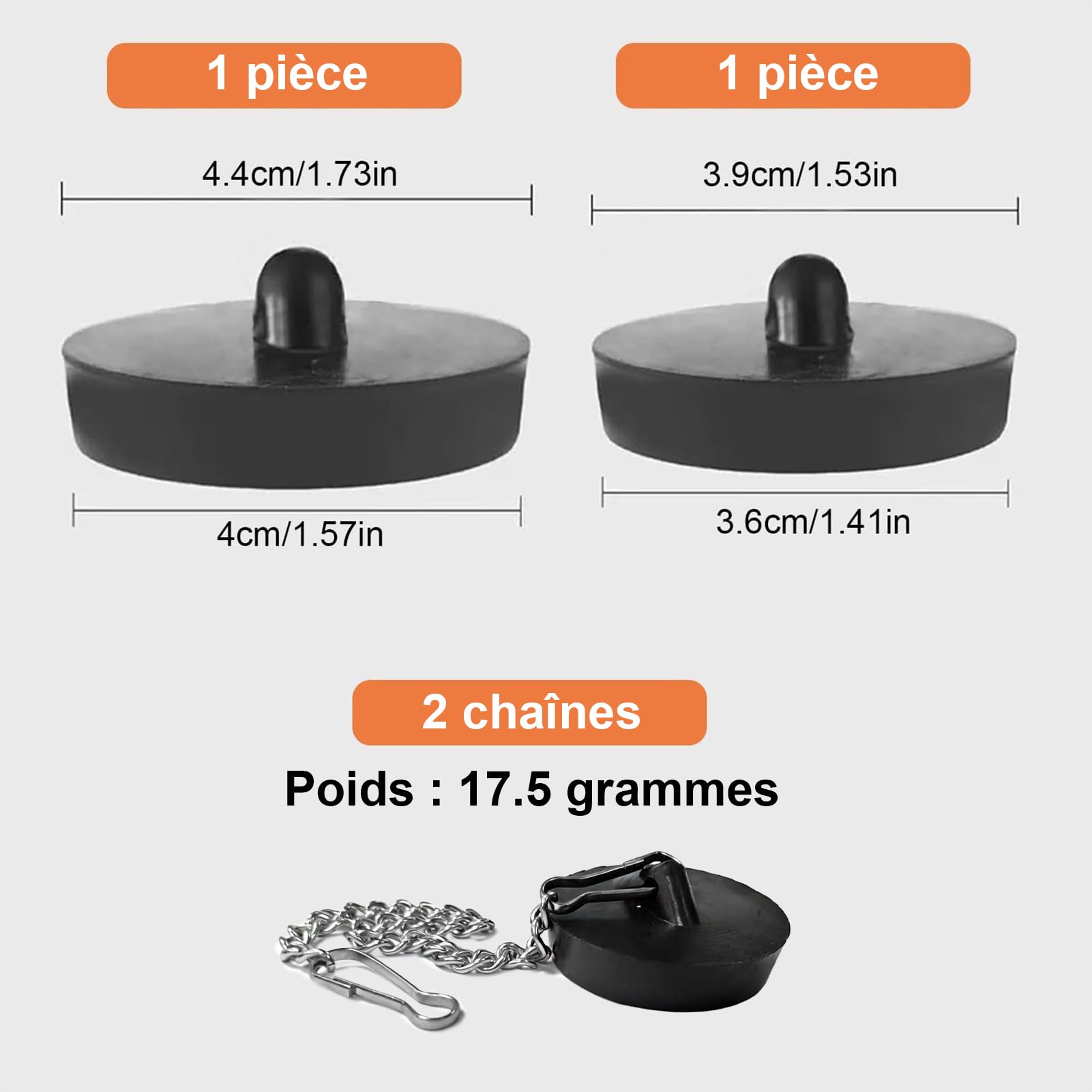 Dreamil Korki do odpływu, 2 sztuki, gumowe zatyczki do zlewu z łańcuchem stoperowym ze stali nierdzewnej, do wanny, kuchni, łazienki, kolor czarny (42-50mm)