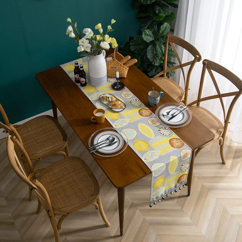 Tapetes para Mesa,Camino De Mesa Gris Camino De Mesa De Navidad Borlas con Estampado De Limón Mantel para Sala De Estar Mesa De Comedor De Navidad Fiesta Decoración Navideña, 34X180Cm