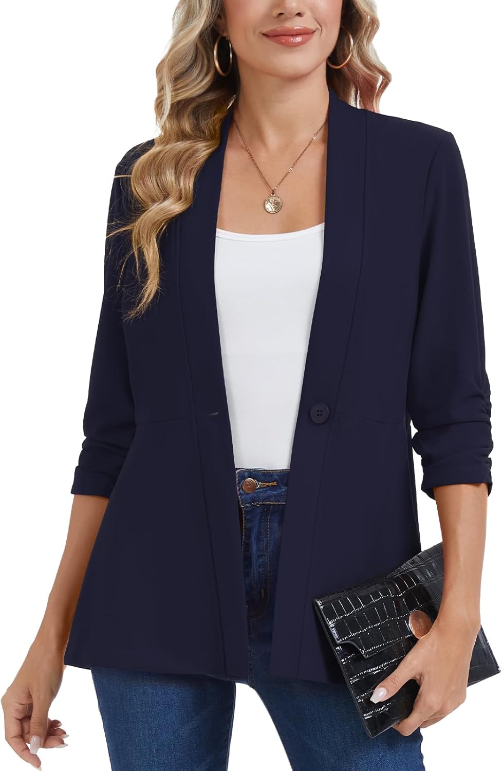 Blazers for Women Casual Elegant Ruched 3/4 Sleeve Collarless Blazer One Button Suit Ruffle Peplum Jacket - Image 4