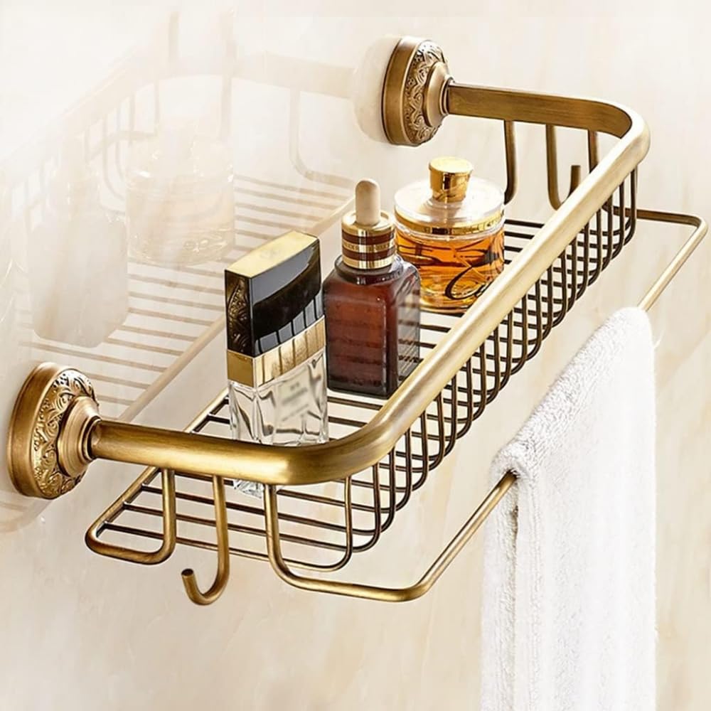 Floating Shelves Shower Caddy Bathroom Shelve Total Brass Antique Shampoo Holder Cosmetics Towel Shelf with Hook Multifunctional Shelf