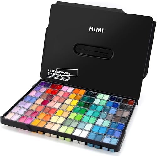HIMI Gouache Paint Set, 112 Colors x 12g Twin Jelly Cup Design in Carrying Case, Non-Toxic Paint for Canvas and Paper, Perfect for Artists, Student, Opaque Painting (Black)