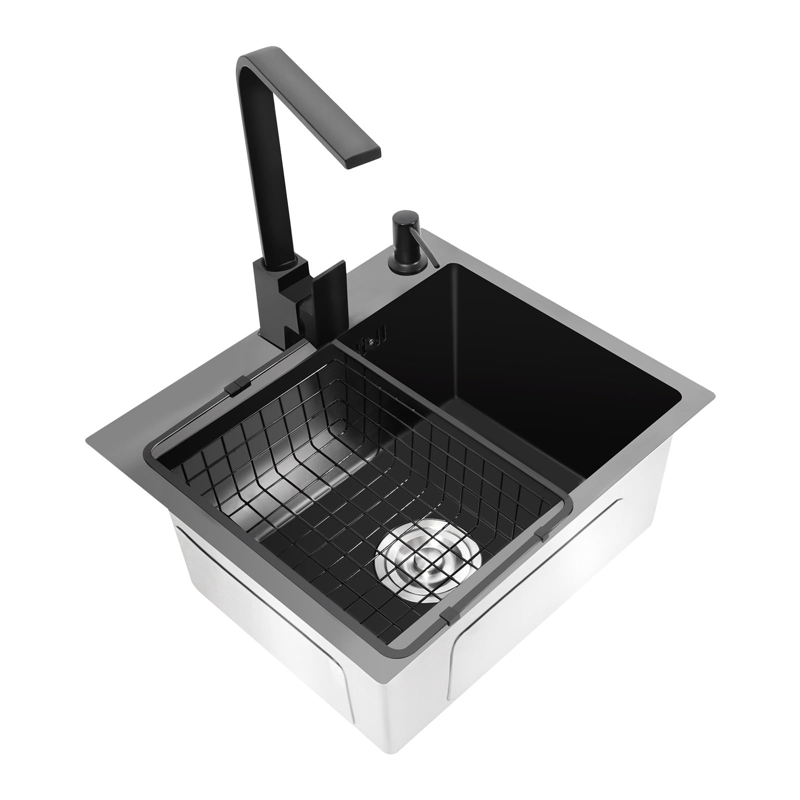 Lavello da cucina, nero, 45 x 40 cm, 1 vasca, in acciaio inox, rettangolare, moderno, con scolapiatti, rubinetto, dispenser di sapone