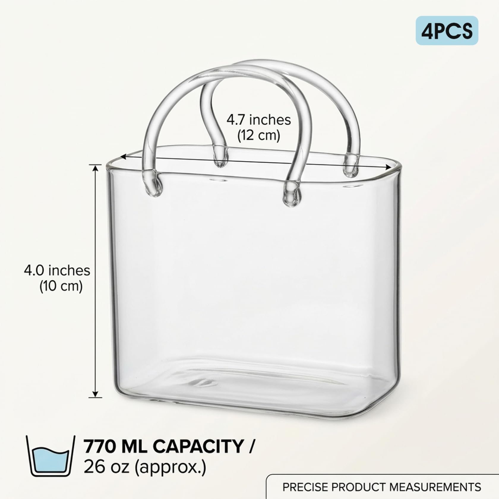 Bolso de Cristal para Bebidas 4 Vasos únicos con pajitas Bonito Bolso de cóctel con diseño de Vasos para zumos cócteles sin Alcohol y Fiestas.