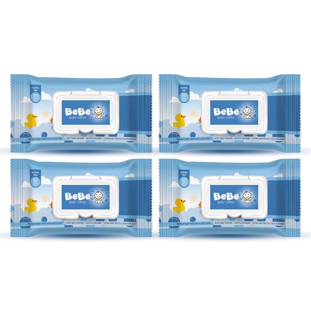 BeBe Baby Wipes, Blue - Pack of 4 (320 Count) Alcohol free, soft and strong, refreshing scent, 15 cm x 20 cm (320 Count (Pack of 4)