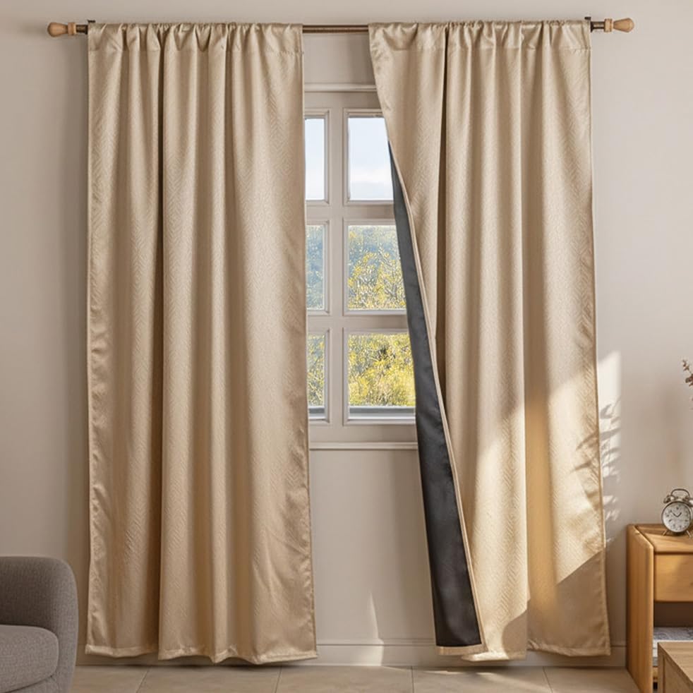 Image of HOMEMONDE 100% True Blackout Curtains 7 Feet Door - Pack of 2 Curtains, Embossed Panels Light Block Thermal Insulated & Noise Reducing Top Style Rod Pocket Curtains (Beige, 84Inch)