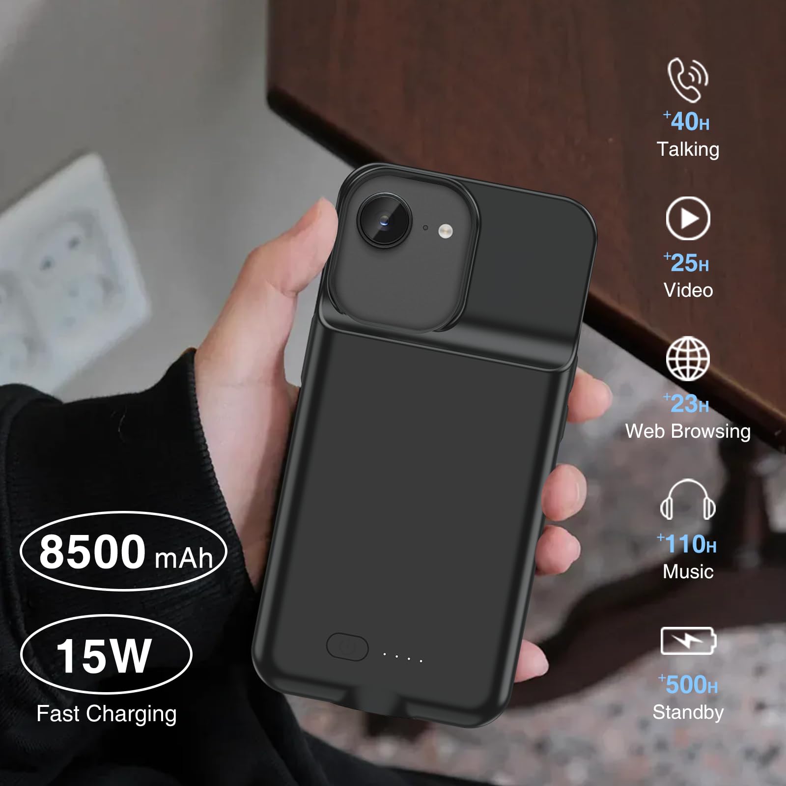 GIN FOXI Coque de batterie pour iPhone 16/16e [2026] Coque de chargement rapide 8500 mAh Ultra fine et légère Batterie rechargeable en TPU anti-chute Puissante boîte à jus pour iPhone 16/16e (6,1