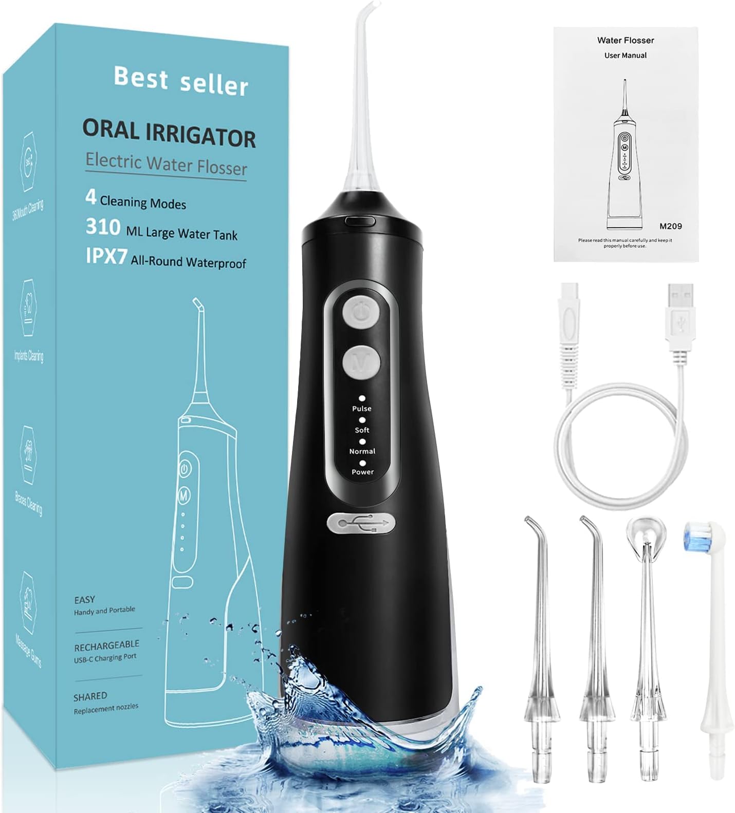 Water Flosser for Teeth Cordless - Power Dental Oral Irrigator Electric Air Flossers Cleaner for Adult & Teenager, IPX7 Waterproof, 4 Modes & 4 Jet Tips, 1500mAh, Low Noise(Black)