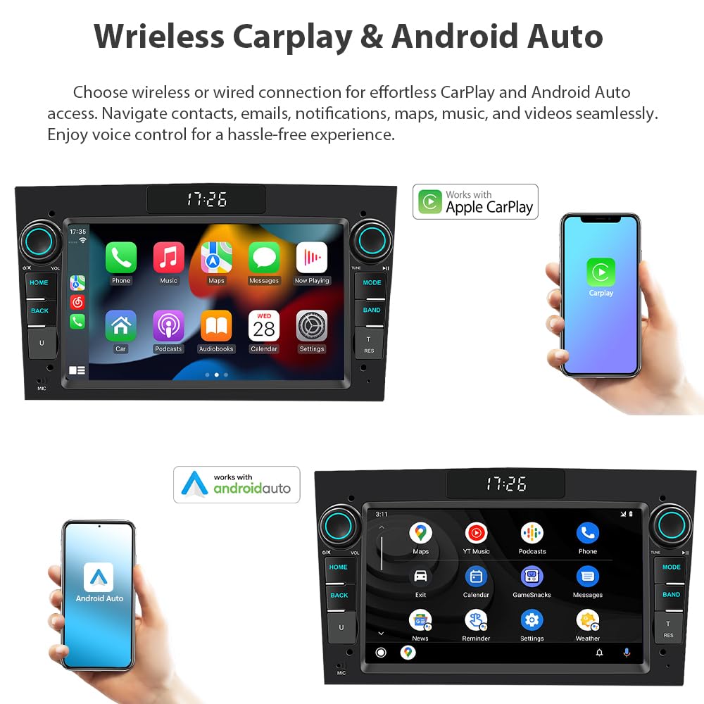 Autoradio Compatible with Opel Vauxhall Corsa, Astra, Vectra, Zafira, Antara Android 2G+64G, CarPlay sans Fil et Android Auto, Bluetooth, écran LCD 7 Pouces, GPS, RDS, WiFi