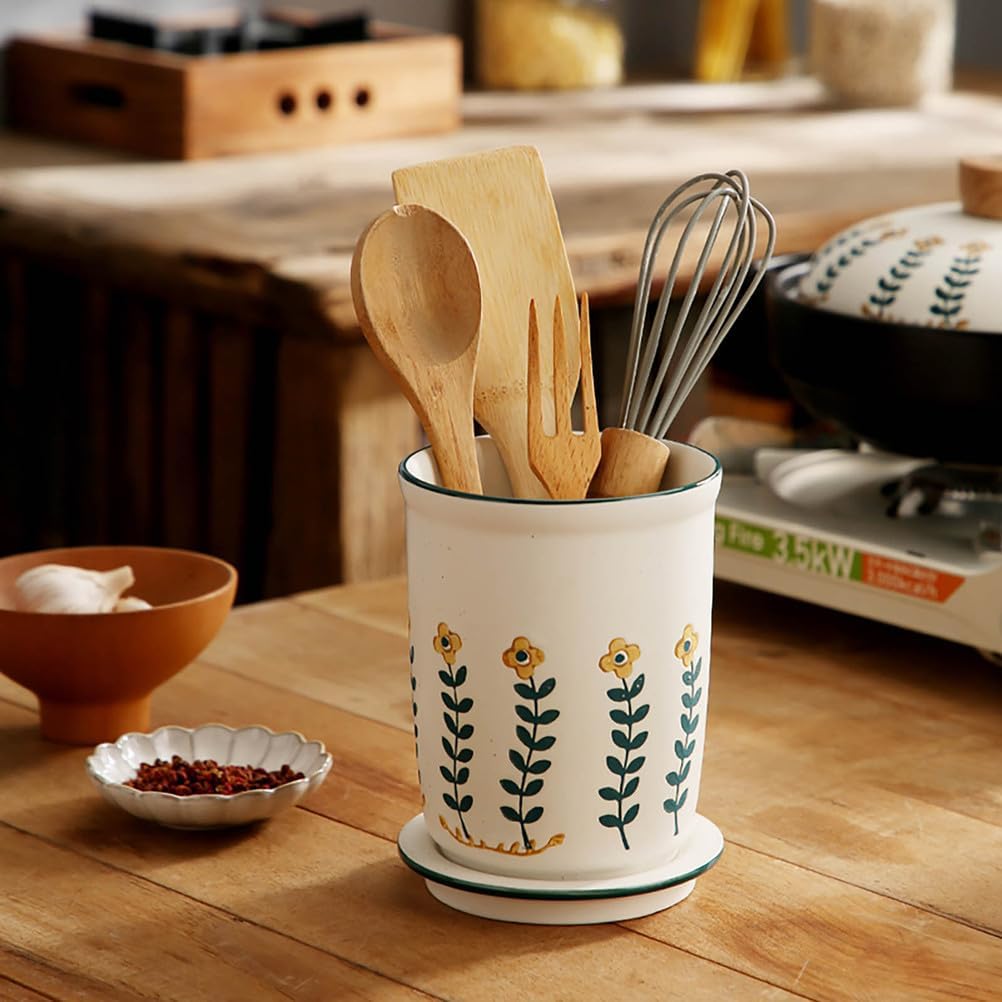 Kitchen Utensil Holder, for Counter Organizer Ceramic Storage Cooking Silverware Caddy Flatware Spoon Spatula Cutlery Container
