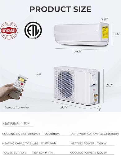 Miniatura 6 de Mini Split AC y sistema de calefacción, aire acondicionado de pared de 12,000 BTU 20 SEER2 115V y bomba de calentador de 1 tonelada con inversor, CA