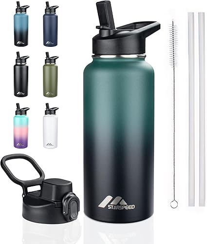 Miniatura 13 de StarSpeed - Botella de agua aislada de 32 oz con pajitas y 2 tapas, botella deportiva de acero inoxidable de doble pared con aislamiento al vacío,