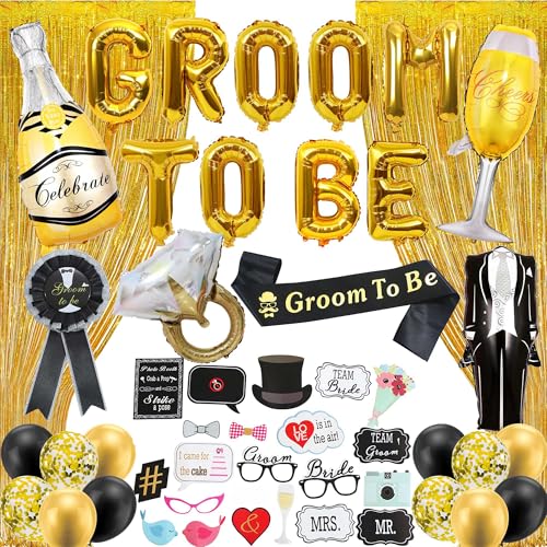 JGA Deko Männer Bräutigam Luftballons - 50 Stück Gold Groom To Be Alphabet Folienballons Banner Schärpe Für Junggesellenabschied Männer Vorschlag Engagement Hochzeit Decorations