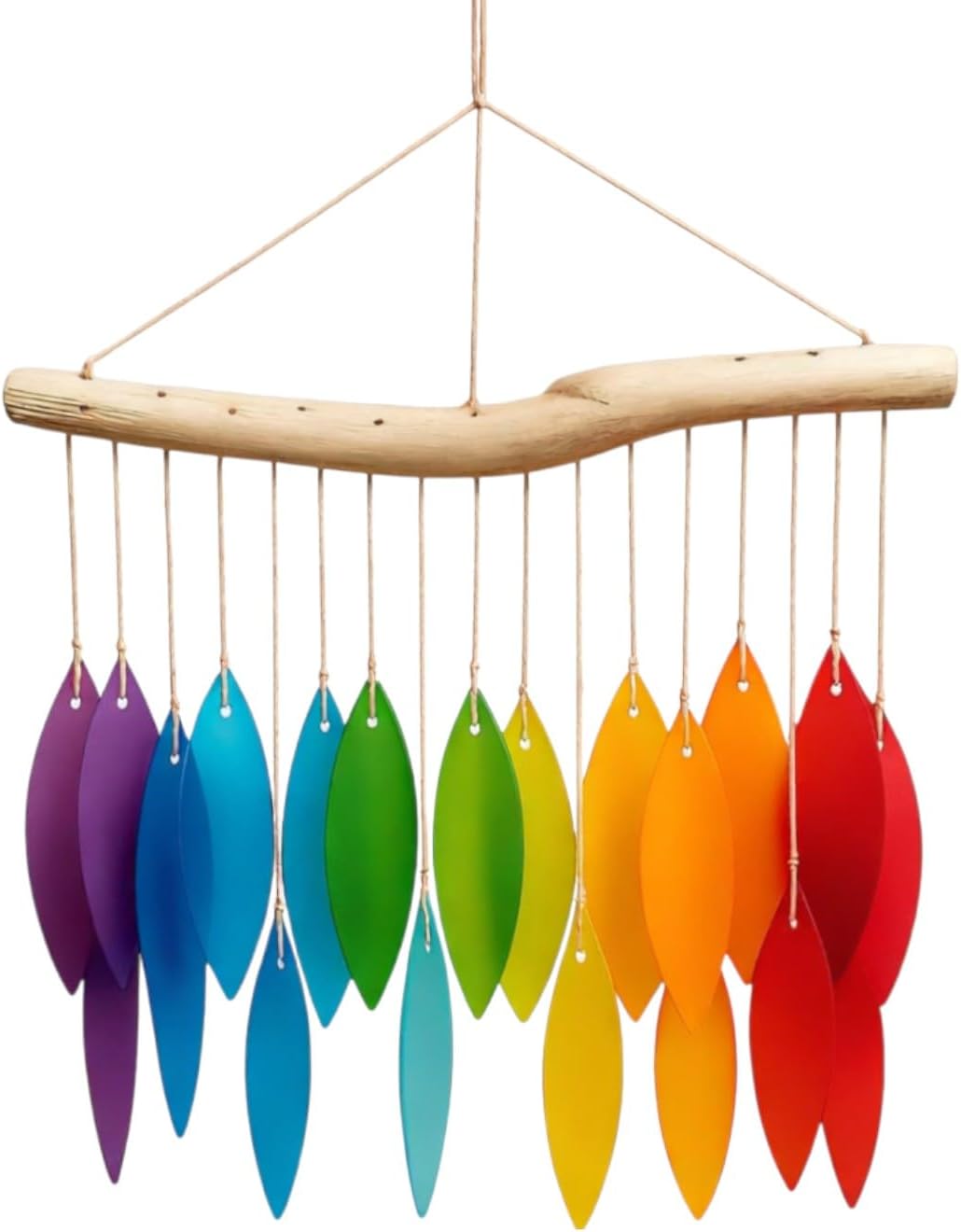Rainbow Glass Wind Chime, Large 20″ – Multicolor Sandblasted Recycled Glass & Driftwood Coastal Hanging Chime for Porch, Patio & Home