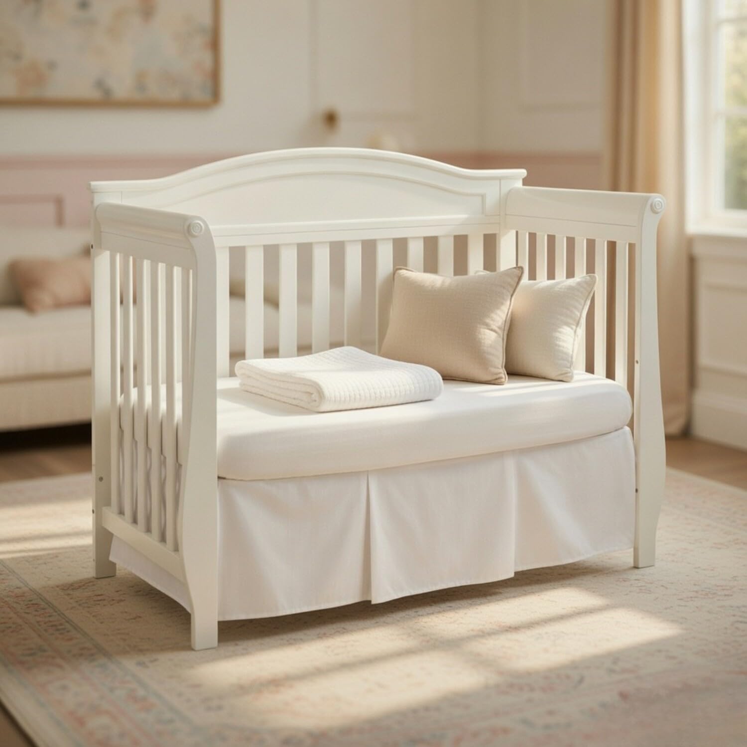 Everyday Kids Falda de Cuna Plisada Blanca; Falda de Cama de Cuna 100% algodón Natural para bebés niños y niñas; Volantes de Polvo de Cuna con Esquinas divididas para Poner y Quitar fácilmente, caída