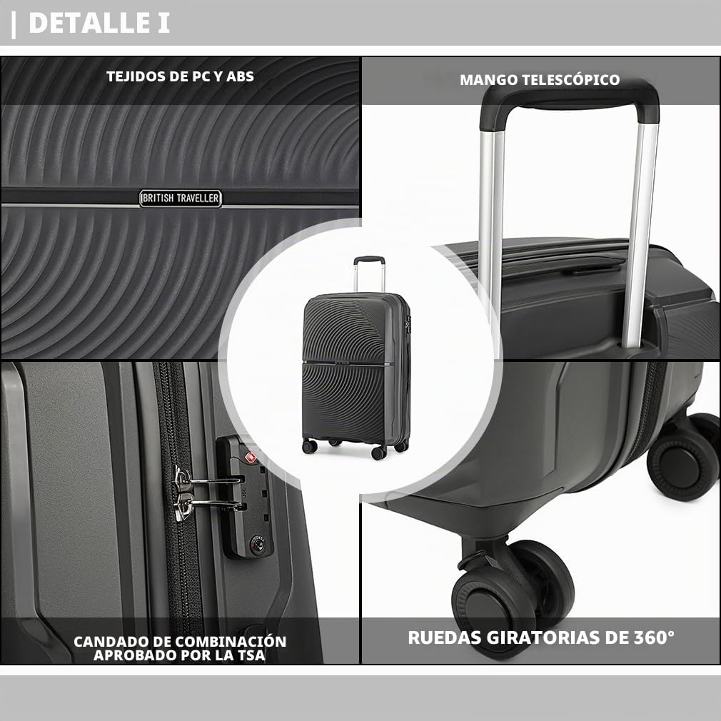 British Traveller Juego de 3 Maletas de Viaje Cabina 55/67/76CM Polipropileno Maletas de Viaje Grandes 23 Kilos con Cerradura TSA (Negro)