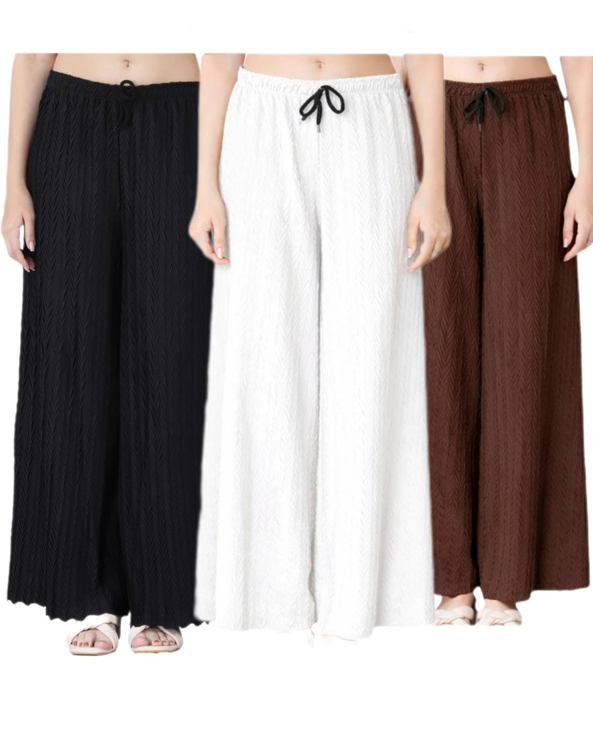 Women Pleated Palazzo Pants | Elastic Waist Free Size Plazzo | Casual Summer Wide Leg Trousers | Pack of 3 Palazzo for Women-picture-39